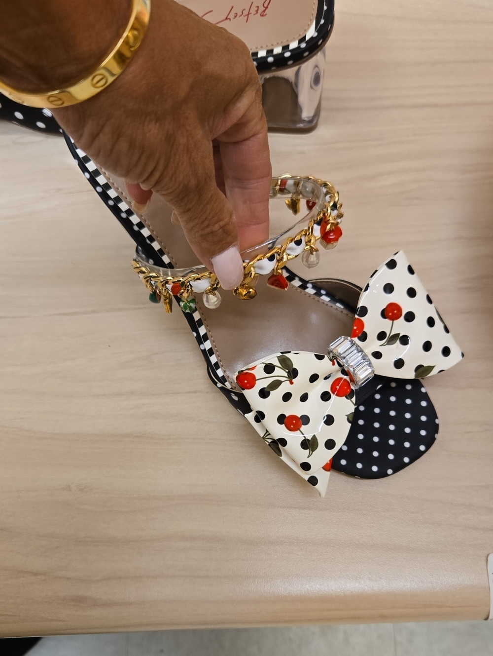Betsy Women's Black & White Polka Dot Bow Sandal with Gold Charm Ankle Strap